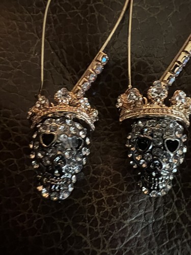 Earrings Skull Retro Gold Pearl Stud CZ Silver Gothic Dangle Black - Picture 5 of 7