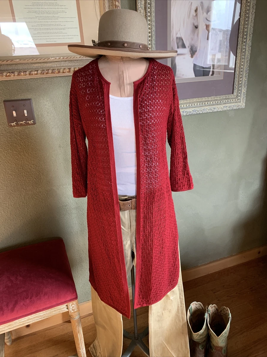 J jill M cotton blend red 3/4 sleeve long duster cardigan sweater boho  western