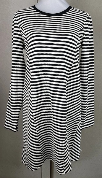 Sportsgirl Striped Ribbed Mini Dress M Black White Long Sleeve Knit Stretch Mod