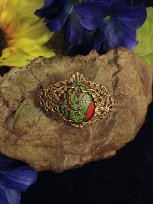 Vintage Miriam Haskell Signed Brass Filigree Ceramic Art Glass Cabochon Pin...