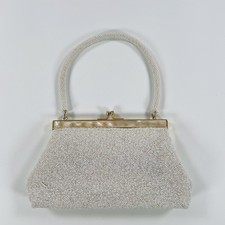 Vintage White Beaded Evening Purse Kiss Clasp Hong Kong Gold Rose Frame Top Hand