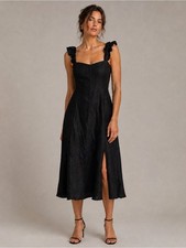 Reformation Black Ruffle-Shoulder Linen Midi Dress - Sz 12