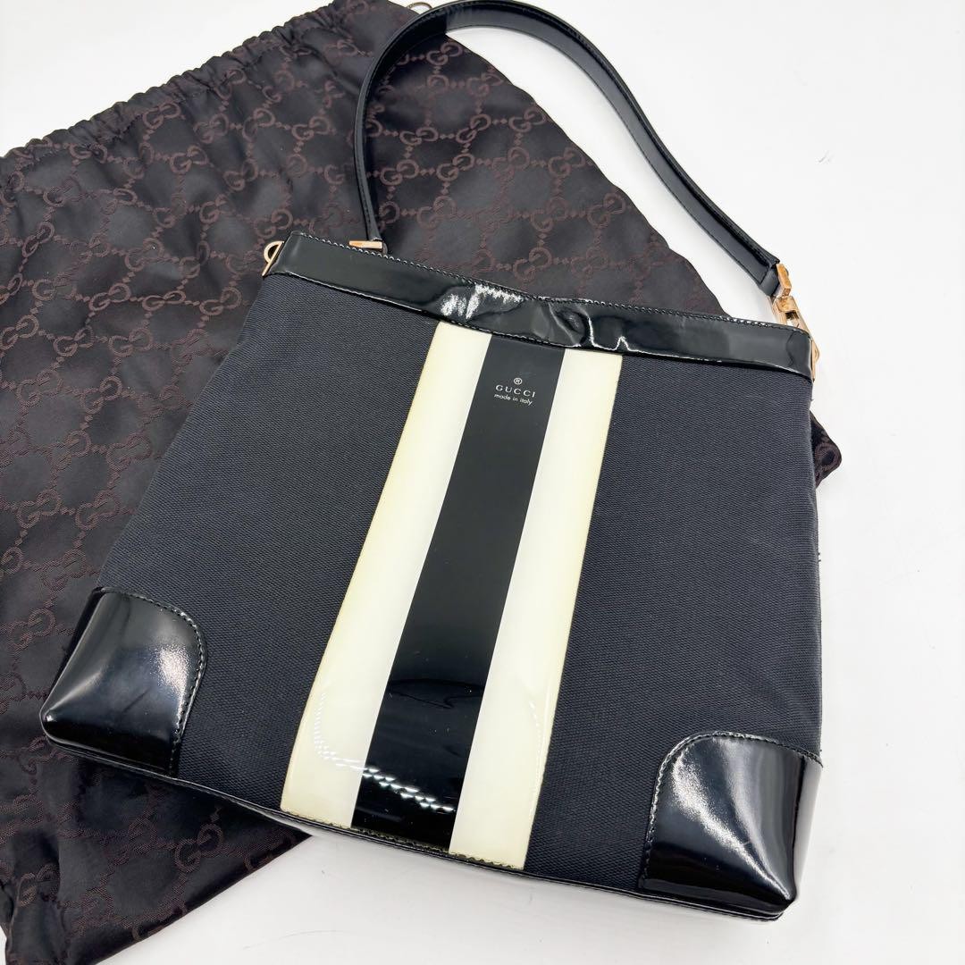 GUCCI Black White Patent Leather Web Stripe Canvas Tote Shoulder Bag with Magnetic Closure-image