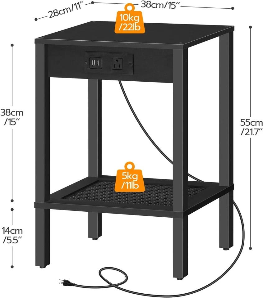 HOOBRO Side Table with Charging Station Set of 2 End Tables Nightstand Black - Image 3 of 4