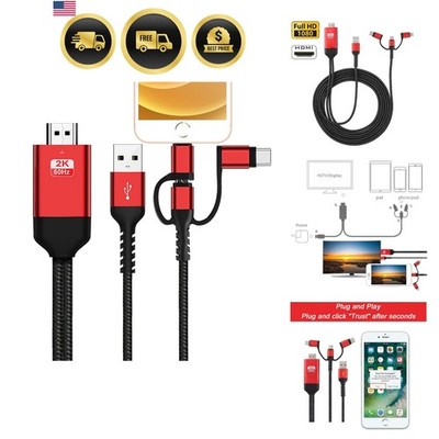 3 in 1 HDMI Adapter Cable Phone to TV Projector Monitor 1080P