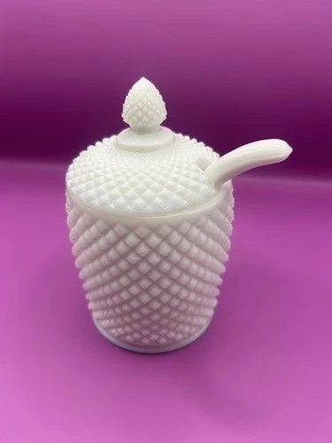 Westmoreland Milk Glass English Hobnail Covered Sugar/Jam Jar Spoon EUC VINTAGE