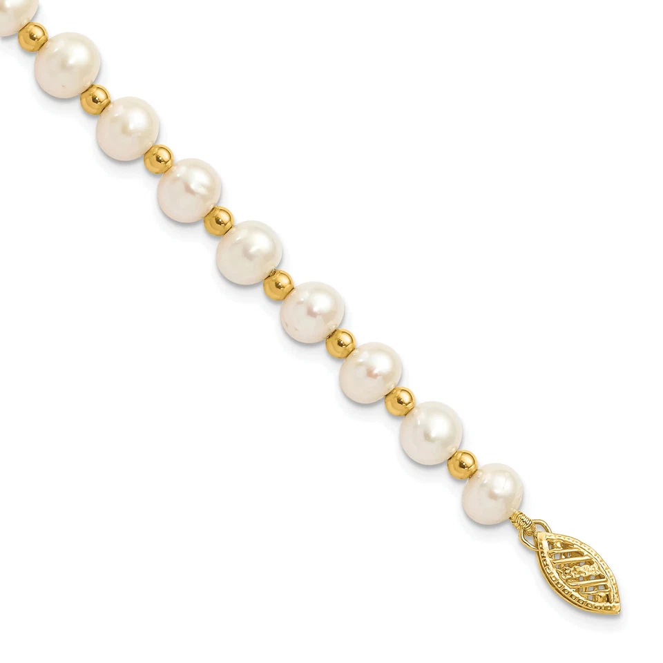 14K Solid Yellow Gold 6mm White Round Freshwater Cultured Pearl Ball Chain ... - Image 3 of 4