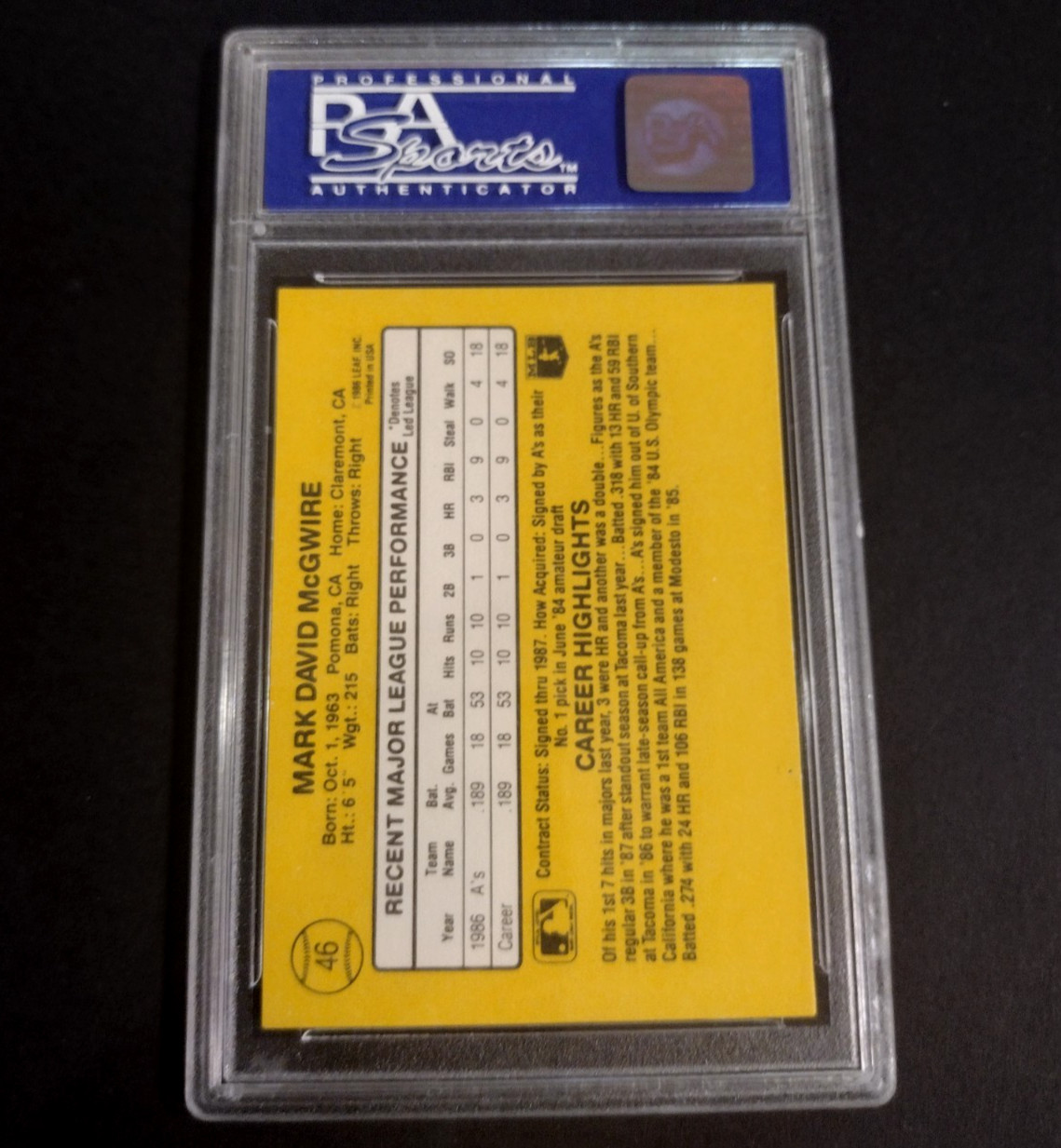1987 DONRUSS MARK MCGWIRE (RATED ROOKIE) #46  PSA 8 view 2