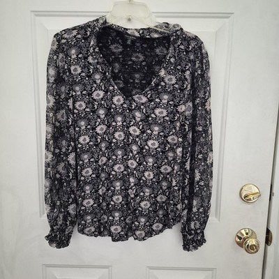 Lucky Brand Black Floral Sheer Balloon Sleeve Ruffle V-Neck Pullover Top Size L
