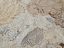 Lot 45 Vintage Handmade Crochet Dollies Variety Of Size Designs& 2 Table Clothes