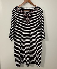 Talbots Womens Size XLp Petite Navy Striped Nautical Embroidered Shift Dress