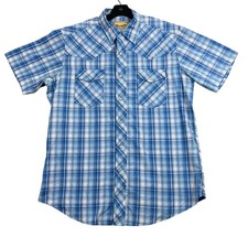 Wrangler Mens L Blue Plaid Western Shirt Pearl Snap Short Sleeve Cowboy