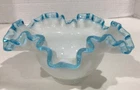 Vintage Fenton Aqua Crest Milk Glass Bowl Aqua Blue Ruffled Candy Dish