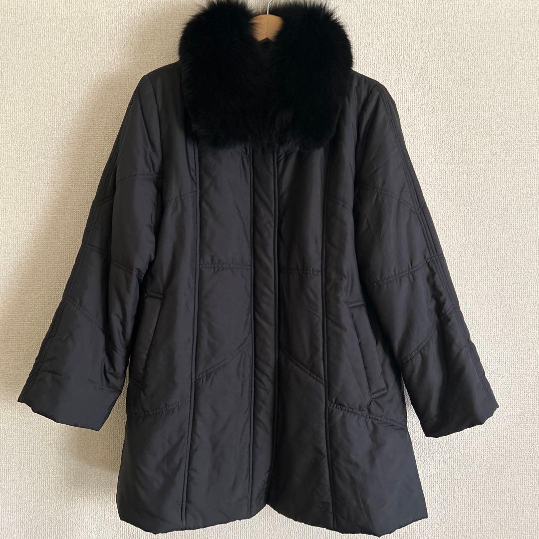 Black Down Coat Silk with Blue Fox Fur Size M