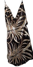 Black Halter Minidress Gold And Silver Sequined Plam Pattern Size M