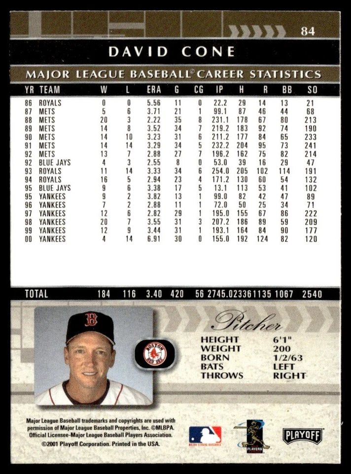 2001 Playoff Absolute Memorabilia David Cone Boston Red Sox #84 - Image 2 of 2