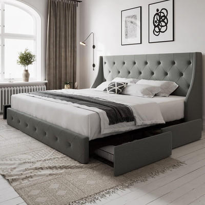 Queen Bed Frame with 4 Storage Drawers & Wingback Headboard, Button Tufted
