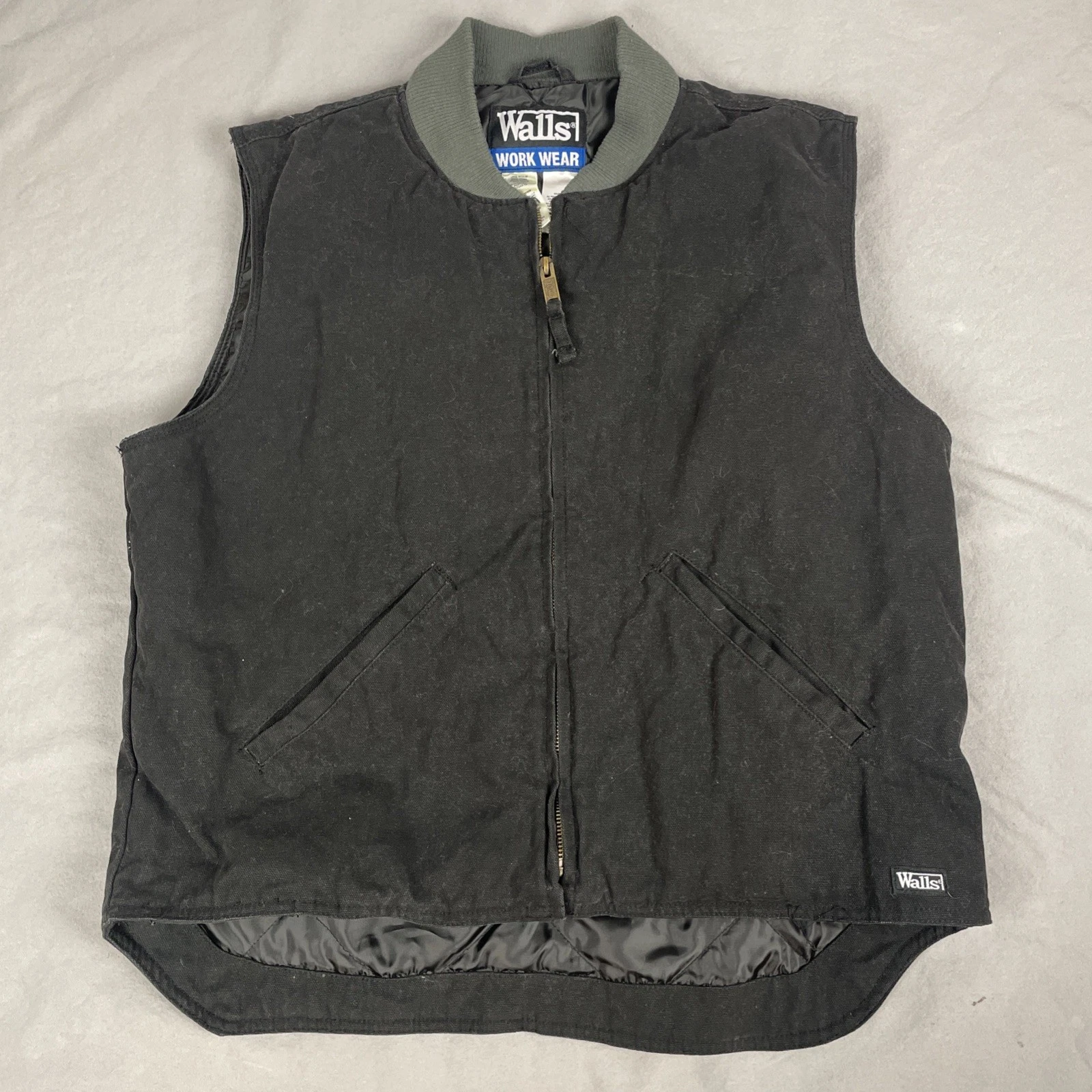 Walls Work Wear Vest Men's Large Canvas Black Full Zip Black Quilted