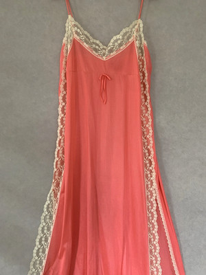 Vintage Satin Lace Maxi Long Slip Dress Salmon Side Slits No size No brand M?