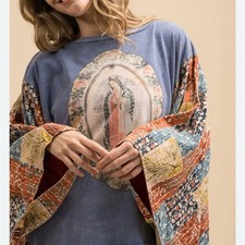 NWT Patchwork Kantha Lady of Guadalupe Graphic Kimono Poncho Festival Top L/XL