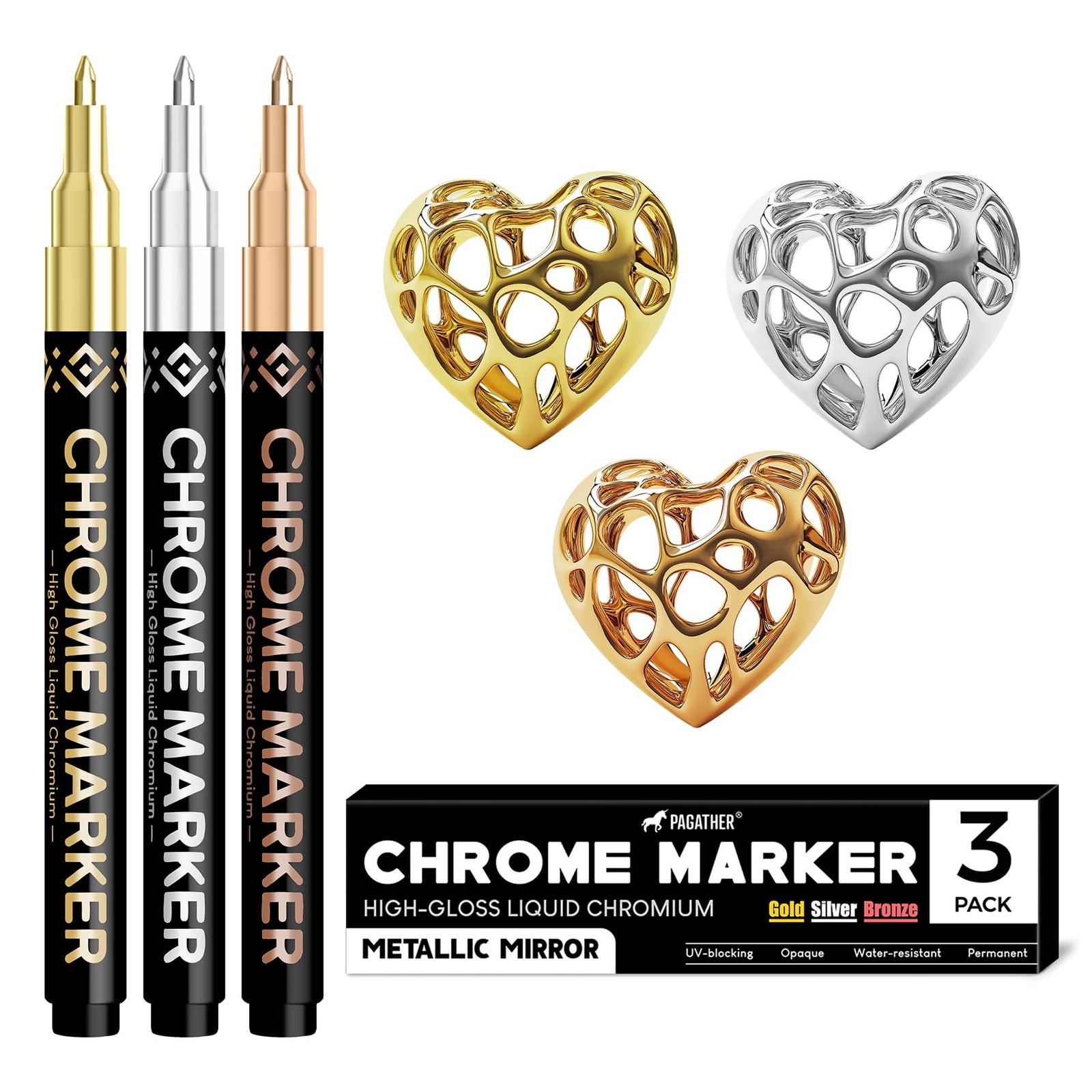 3Pcs Chrome Paint Markers, Permanent Mirror Liquid Chrome Pe