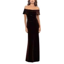 Xscape Brown Off the Shoulder Velvet Gown L136406 Womens Size 6