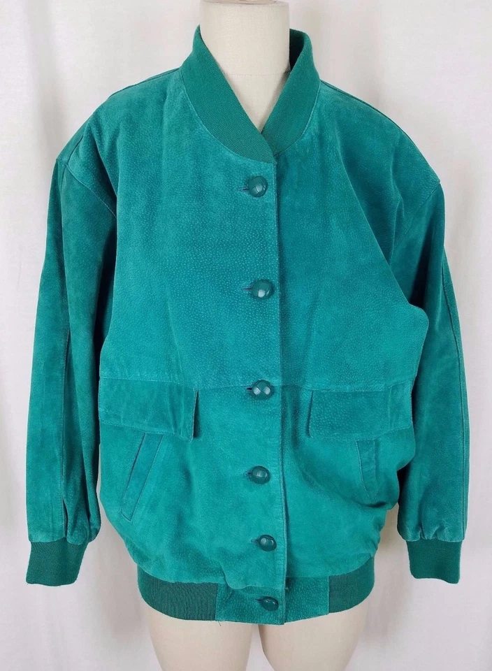 CHAQUETA BOMBER PELLE NY de CUERO verde brillante con botones completos para mujer M ribete tejido