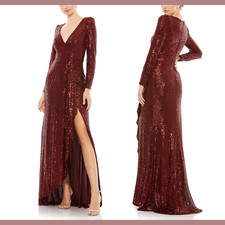 NEW $398 IEENA Mac Duggal [ 16 ] Sequin Wrap Evening Gown in Wine Red #Q480