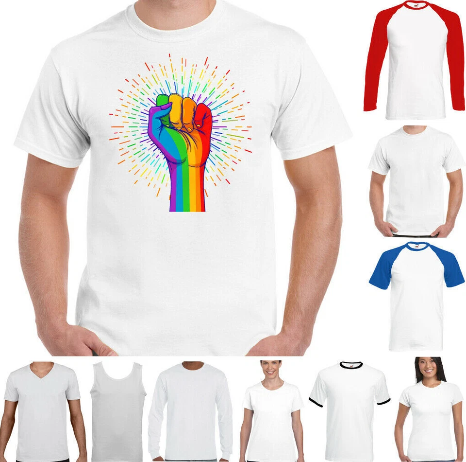 LGBT T-Shirt Herren Freedom Fist Regenbogen Farben Pride Weiß Baumwolle - Bild 1 von 1