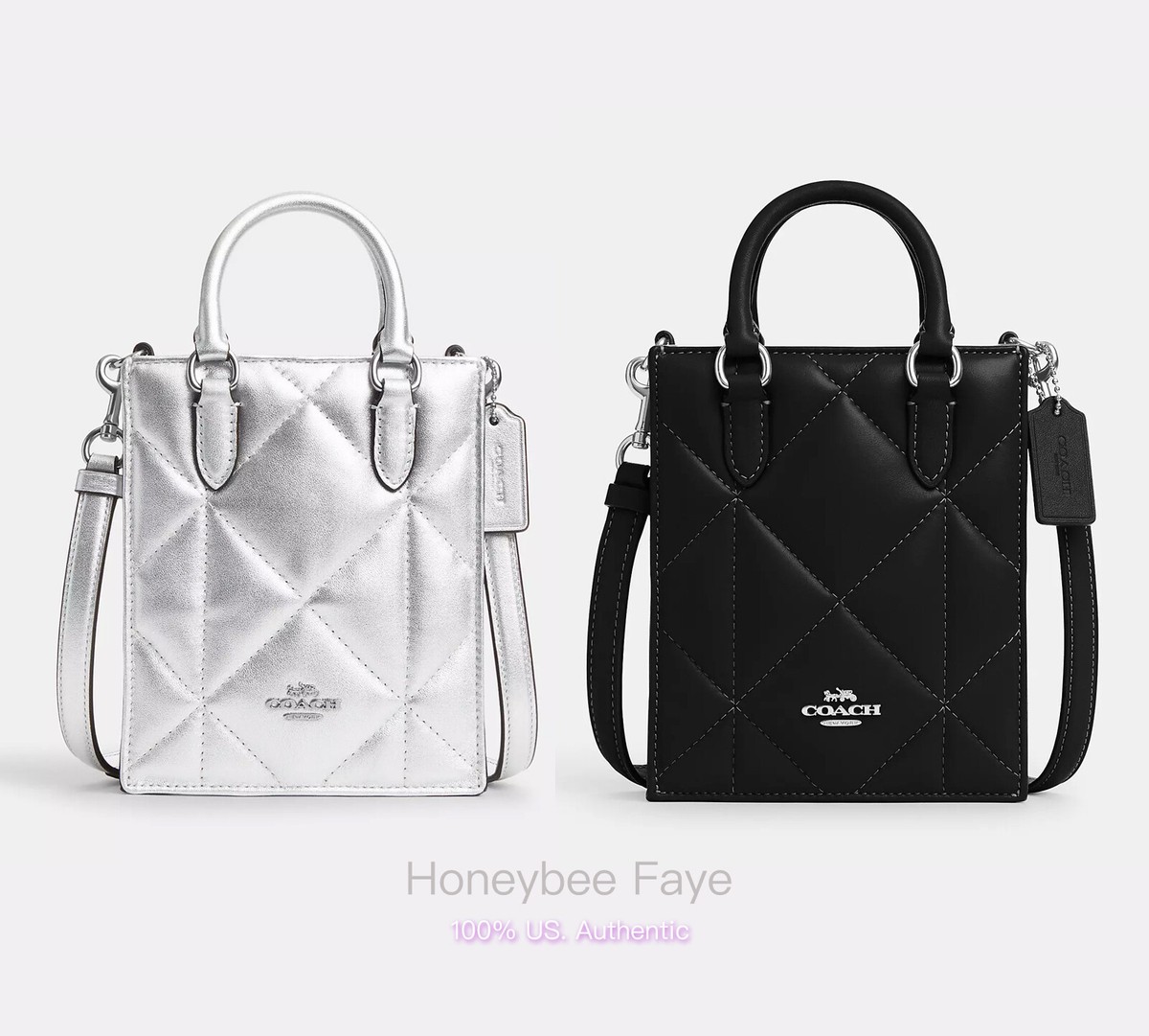 【COACH】North South Mini Tote With Puffy Diamond Quilting!! NWT Coach North South Mini Tote In Silver Metallic With