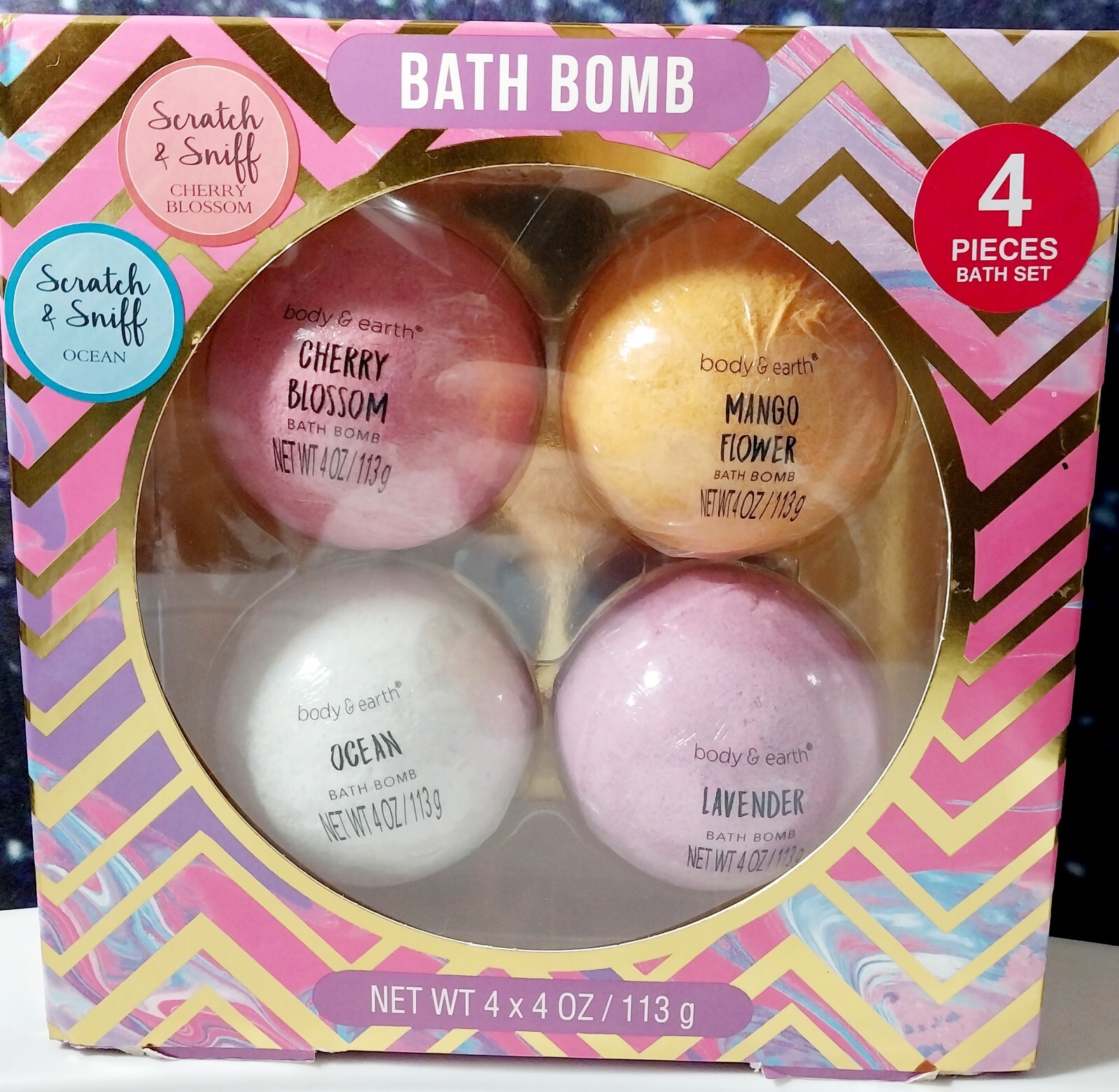 Body & Earth Bath Bomb Set of 4 Cherry Blossom Ocean Lavender and Mango