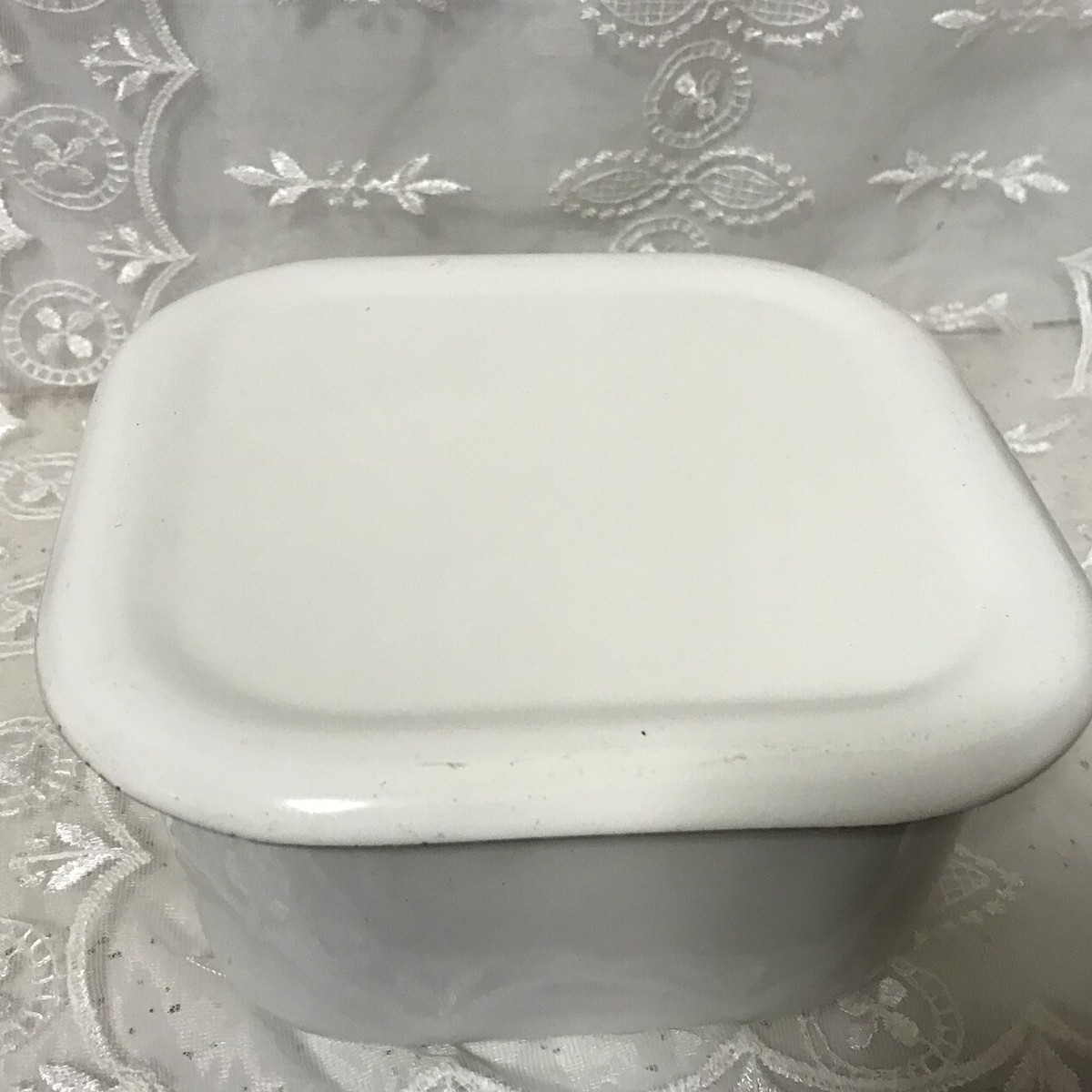 Vintage Enamel Rectangular Refrigerator Pan White w/Black Trim 6