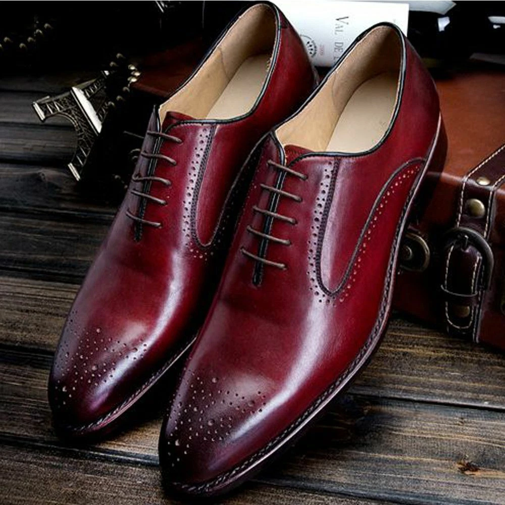 Handmade men maroon leather shoes, men wingtip brogue toe shoe, wedding  shoe men