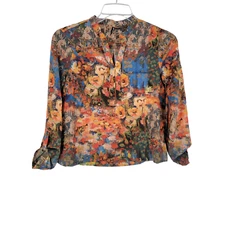 Smash! Women's Multicolor Floral 1/4 Zip Long Sleeve Blouse Medium