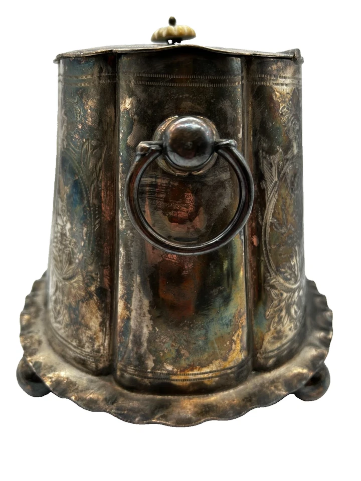 Antigua caja de barril de galletas enchapada en plata turca ornamentada de alrededor de 1800 Foto 4 de 4