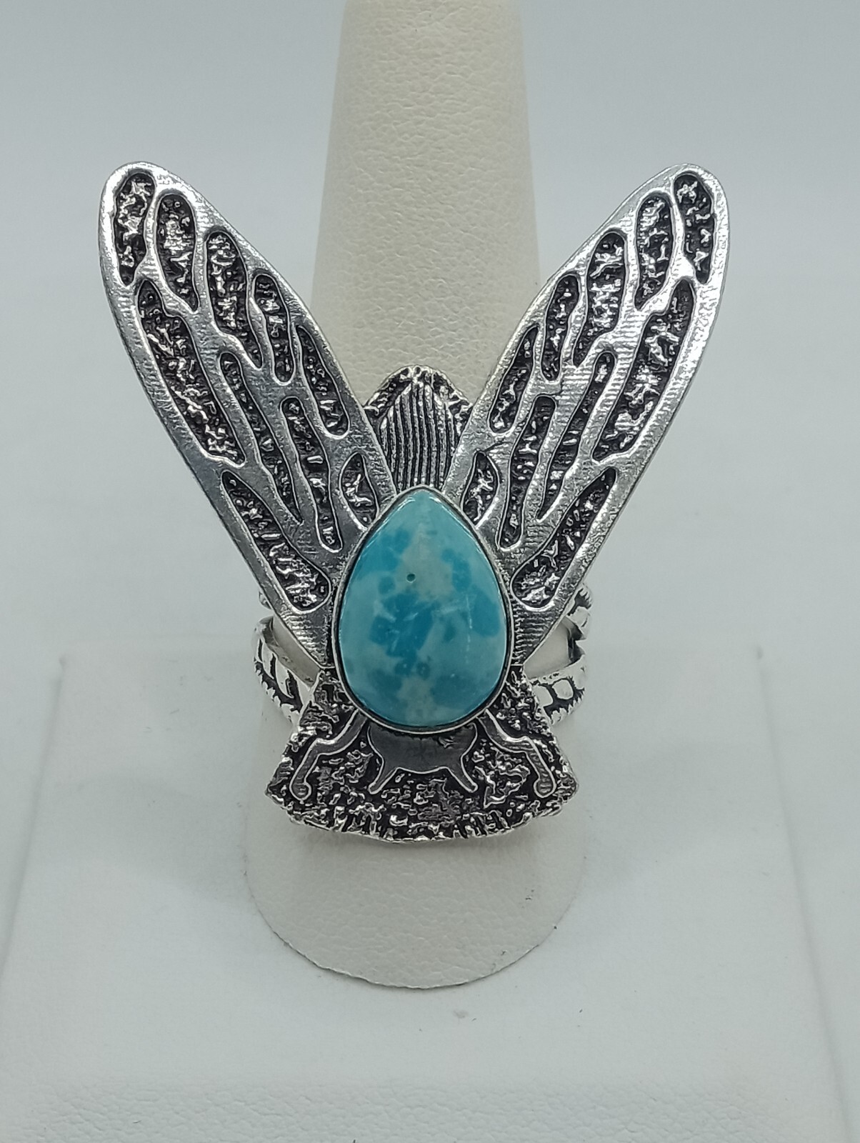 Faux Larimar Silver Eagle Statement Ring Size 10 … - image 2