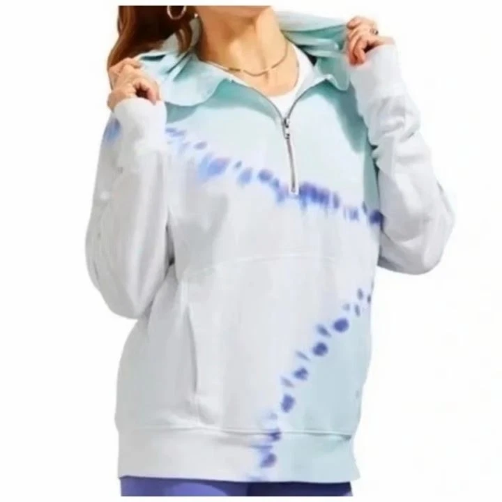 Peloton Size L White Blue Sunburst Tie-Dye Half Zip Pullover Hoodie Sweatshirt