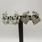 Vintage Rhinestone Earrings 2 Pairs 1 Lisner Floral Simulated Pearl Clip Ons