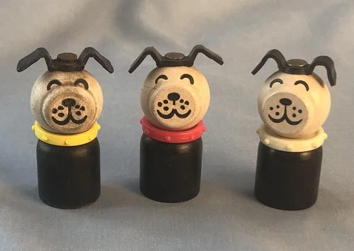 3 Fisher-Price Little People Wooden Straight Dog White Red Yellow Collar Vintage