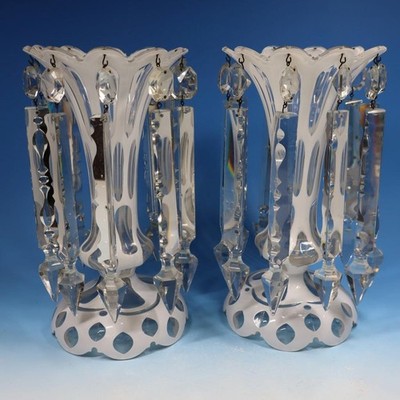 Antique Victorian Bohemian - Overlay Crystal Opaline Glass - Pair Mantel Lusters