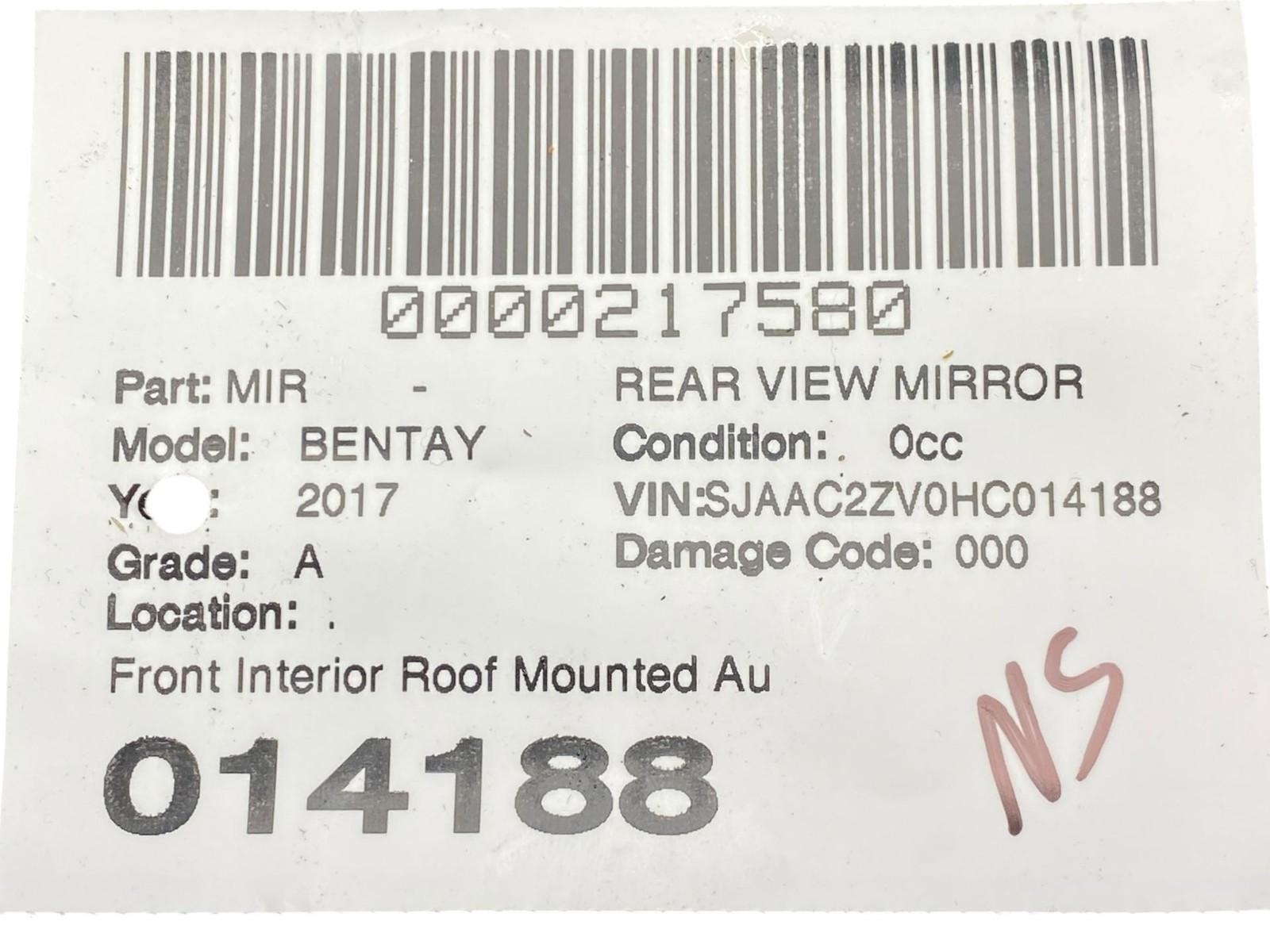 2015-2020 BENTLEY BENTAYGA Front Interior Roof Mounted Auto Dim Rear View Mirror