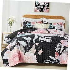 Full Queen Size Quilt Set Botanical Pattern Full/Queen 90"x96" Pink Floral