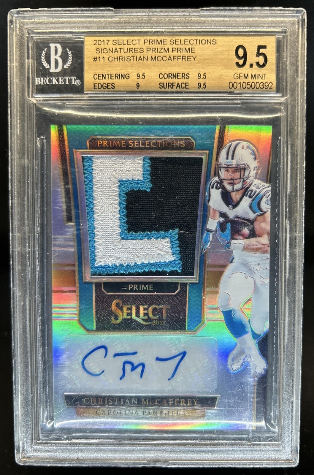 Christian McCaffrey Panini Select Prime Selections Prizm Prime Signatures #NPCM Gold Jersey Number