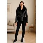 Kratfd Women Faux Leather Jacket, Winter Fashion Motorcycle Coat with Fur Collar