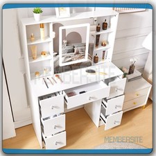 Vanity Table With Smart LED Sliding Mirror Makeup Dressing Desk w/ 7 Drawers Set