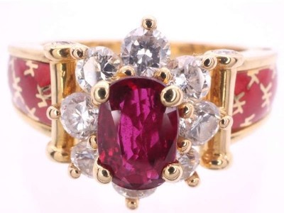 KORLOFF Ruby 0.75ct Diamond 0.66ct Enamel Ring 18K Yellow Gold Size 11