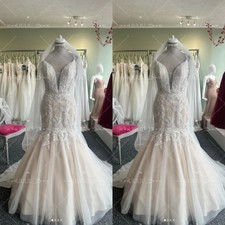 Champagne Mermaid Wedding Dresses Deep V Neck Train Lace Applique Bridal Gowns