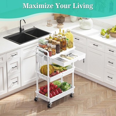 SUNALLY 3 Tier Rolling Cart with Drawer, Craft Storage Cart Organizer