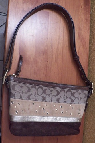 COACH Signature Brown Suede Leather Studded Crossbody Purse Bag F13078 EUC - Picture 2 of 6