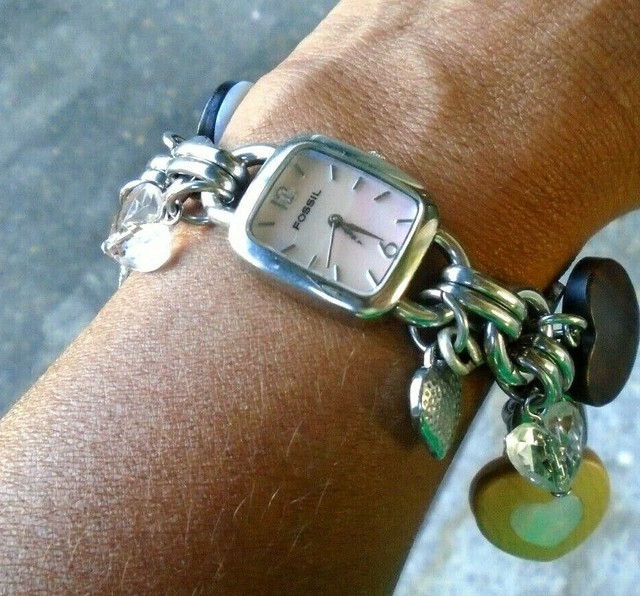 Fossil F2 Mop Es 1737 Women S Multi Heart Charm Bracelet Stainless Steel Watch For Sale Online Ebay